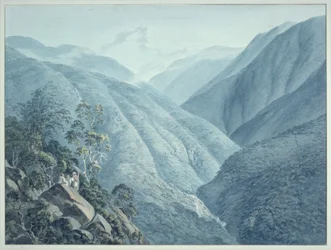 View from Murichon, looking northwards up the channel of the Teenchoo, on the road to Tacissudon, Bhutan